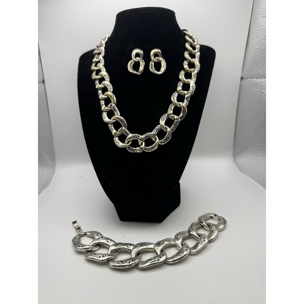 Vtg. Brighton Liaison Silver Scroll Necklace, earrings and bracelet set w/tins